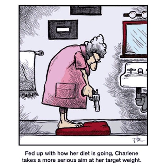 A middle aged woman in a pink robe stands on her bathroom scale, pointing a pistol down at it. Text below reads "Fed up with how her diet is going, Charlene takes a more serious aim at her target weight."